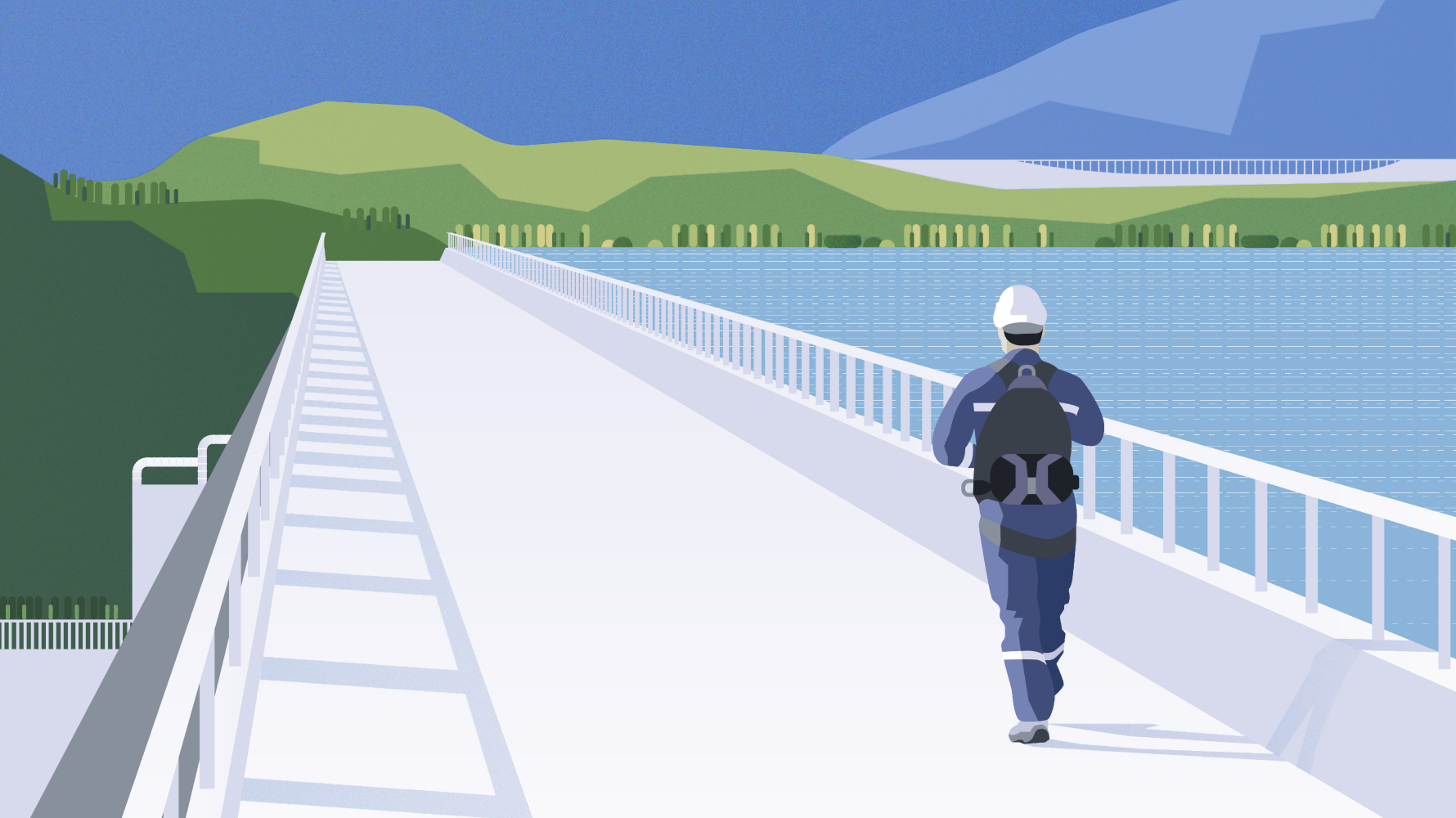 Illustration d'un agent EDF qui marche sur un barage